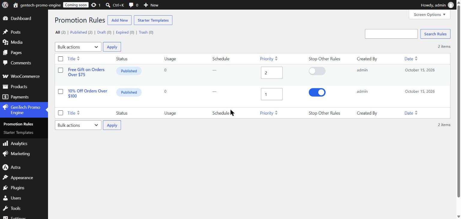 Promotion Rules list showing two rules with status, priority and Stop Other Rules toggles