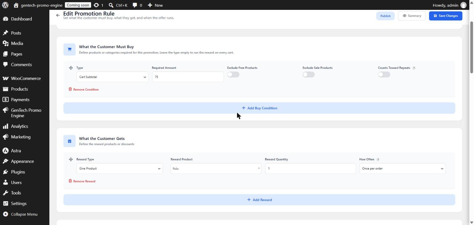 Rule editor with a Cart Subtotal condition and a Give Product reward